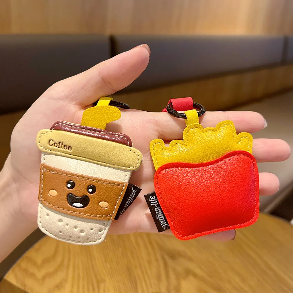 Kawaii Food Leather Keychain - Cute French Fries & Milk Tea Bag Charm, Adorable Couple Keyring for Bags & Keys, Perfect Gift