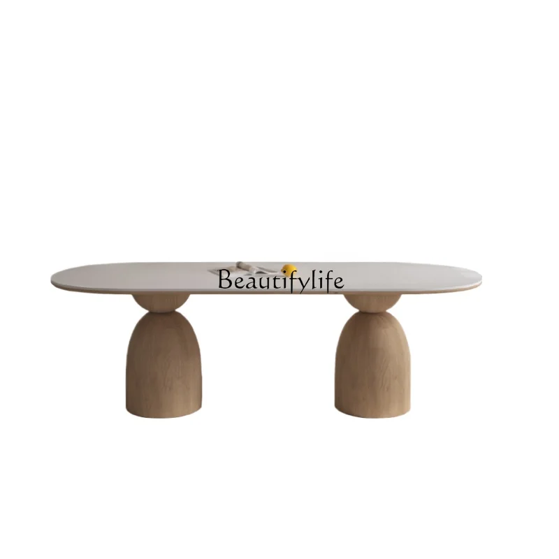 

Solid Wood Stone Plate Dining Table Household Restaurant Villa Long Log Cream Style Oval Workbench