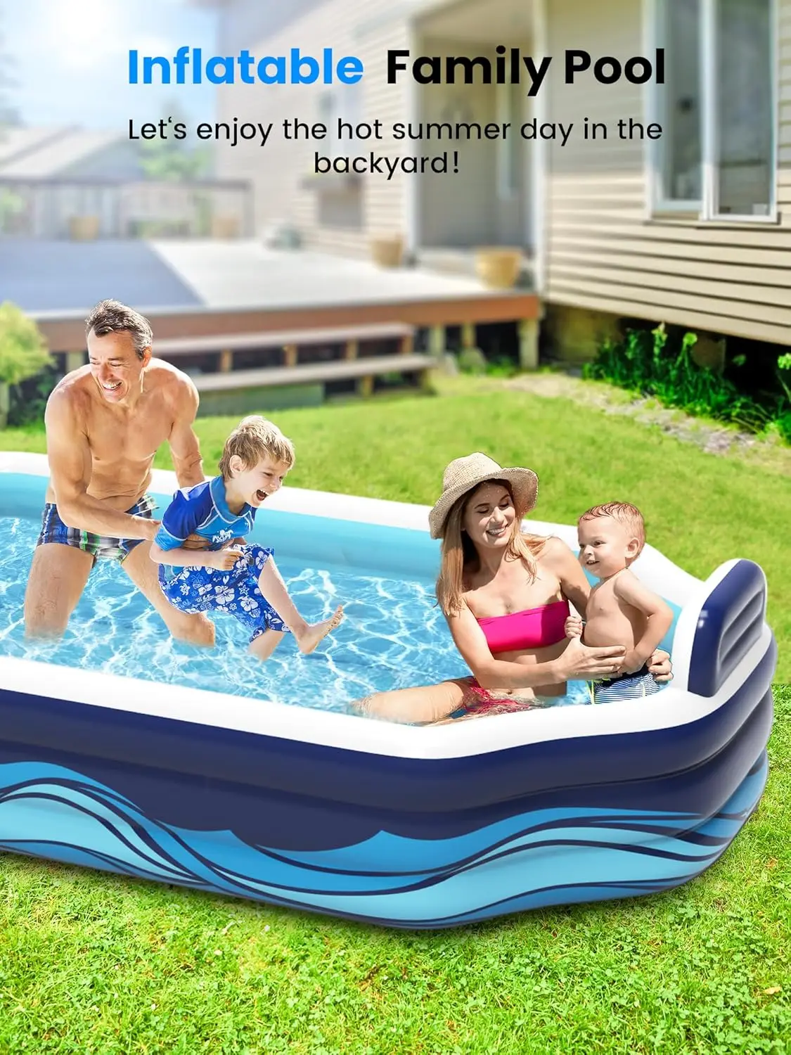 Inflatable Pool with Seats and Backrests, XLarge Thickened Full-Sized Family Fun Swimming Pool for Kids and Adults, Outdoor, Gar