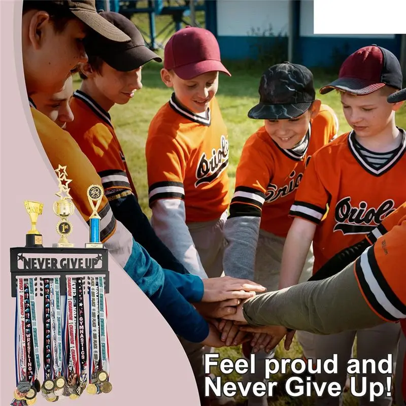 DT19 for Never Give Up Medal Hanger Display with Shelf, Carbon Steel Trophy Award Display Rack Holds 64+ Medals for Wall Mount