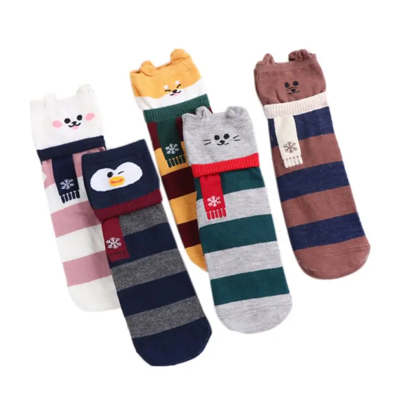 5 Pairs Women 3D Ears Cartoon Animal Striped Ankle Socks Dog Rabbit Bear Penguin Scarf Print Autumn Hosiery Gifts