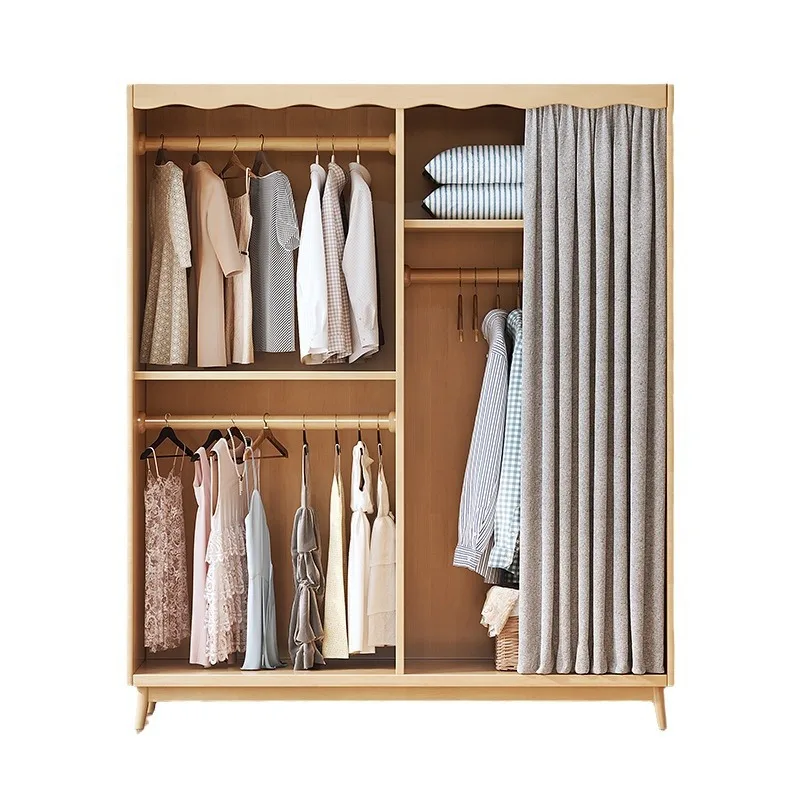 

Nordic all-solid wood wardrobe small apartment household dust-proof cloth curtain
