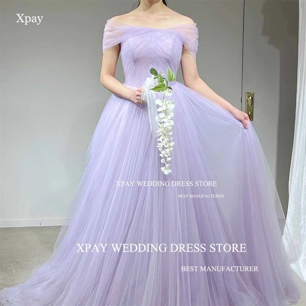 Xpay Off Shoulder Lavendel Korea Trouwjurken Korte Mouw Plooien Tule Bruidsjurken Korset Back Vestido De Noiva Fotoshoot