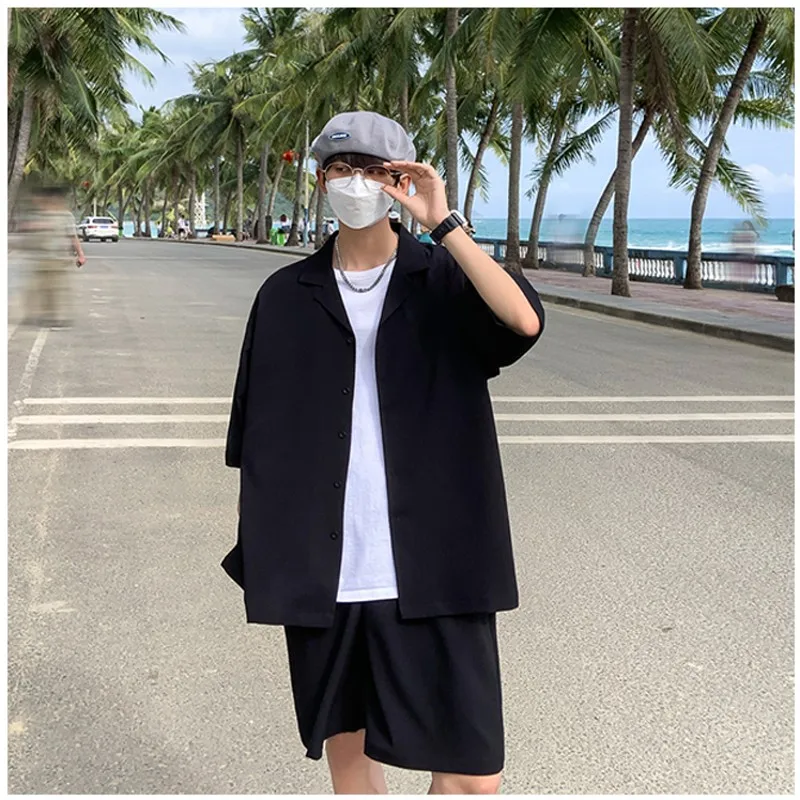 Summer Two-Piece Men\'s Sets Shirt and Shorts Casual Outfits Oversized Short Suit Plain Clothes Clean Fit Black White Green
