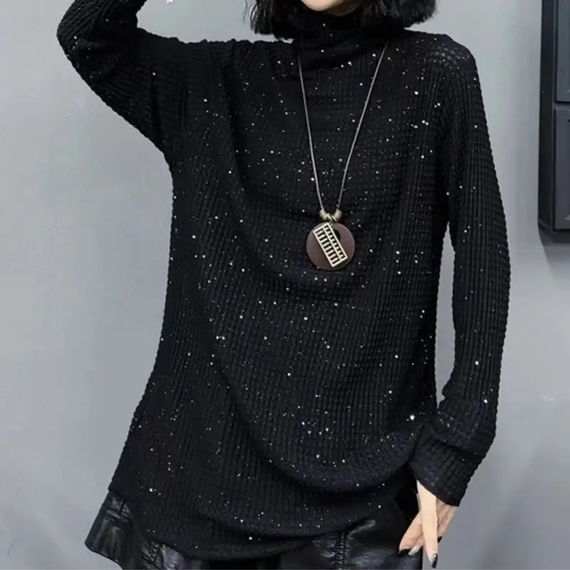 Fashion Sequined Pullovers Casual Pile Collar Female Clothing All-match Solid Color Spring Autumn Korean Commute Loose T-shirt