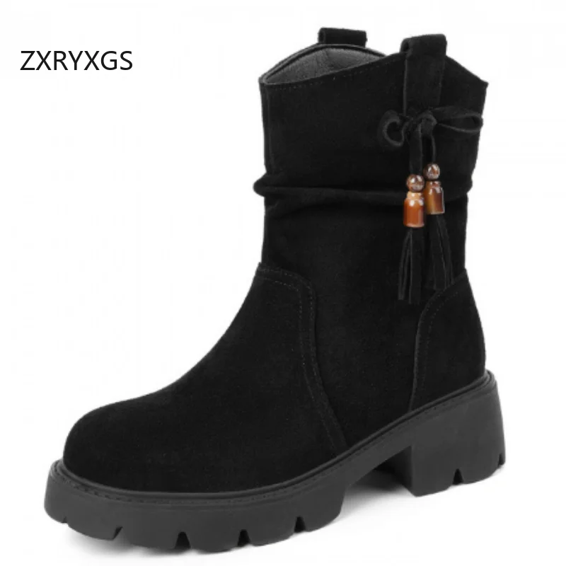

ZXRYXGS Matte Cowhide Bow Tassel Women Fashion Boots 2025 Winter Warm Plush / Wool Boots Large Size Thick Mid Heels Snow Boots