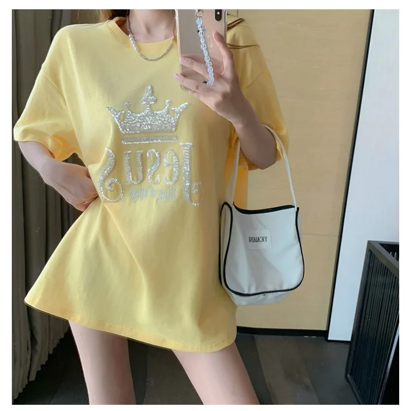 

Summer New Women's Oversized Cotton T-Shirt Sequin Crown Letter Glittering Queen Designer Casual Loose Crewneck Top