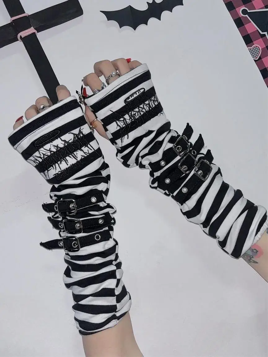 Ruibbit New Arrival Gothic Harajuku Punk Style Black Stripe Half Finger Long Glove Women Knit Length Sleeve Fingerless Gloves