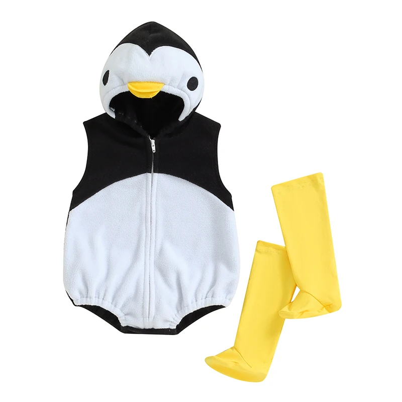 

Baby Boy Girl Halloween Costumes Penguin Fleece Sleeveless Zip-Up Hooded Romper Knee High Socks 2 Piece Set Toddler Cosplay