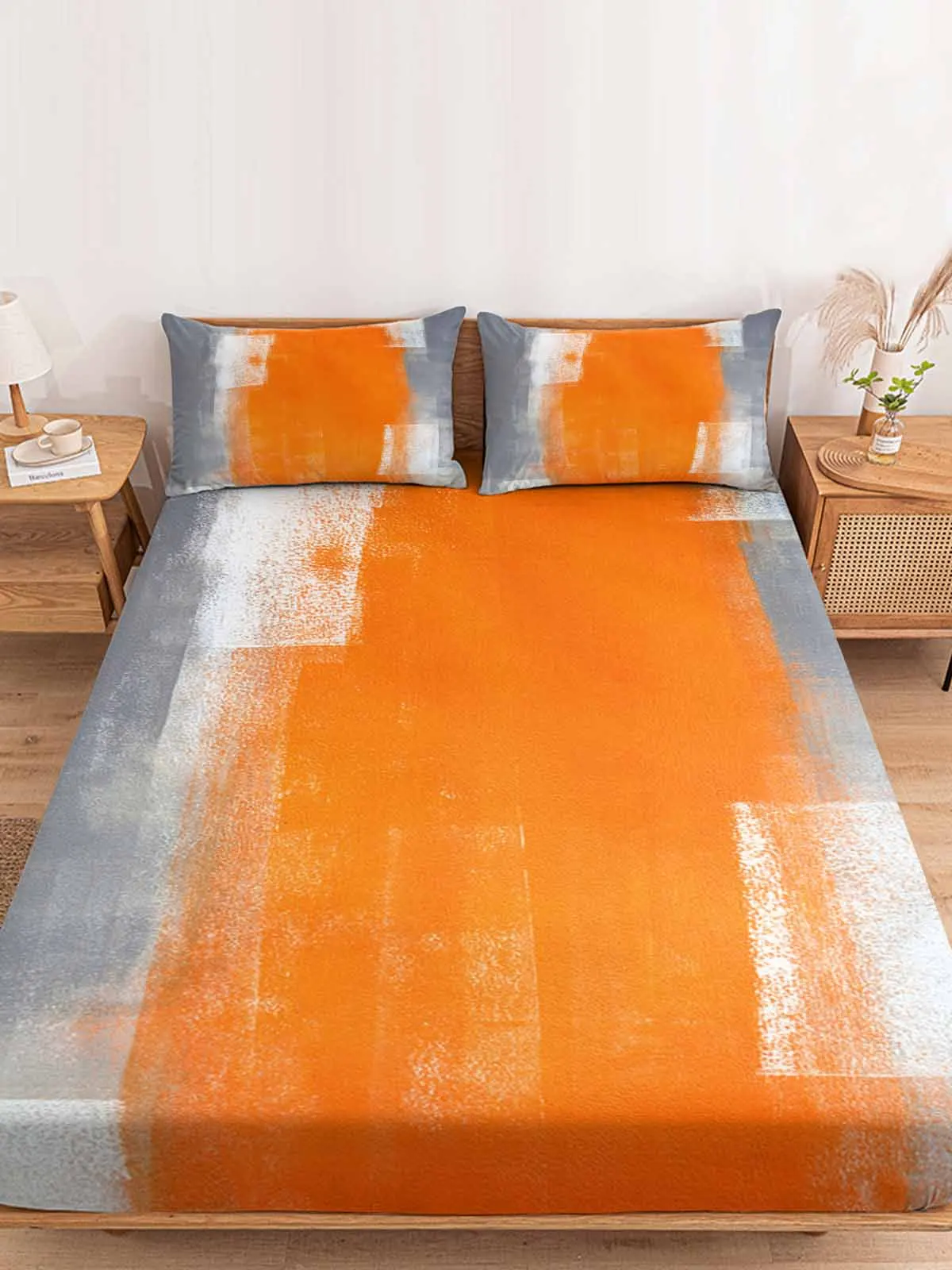 Orange Gray Abstract Polyester Fitted Sheet Mattress Cover Four Corners Elastic Band Bed Sheet Pilllowcase