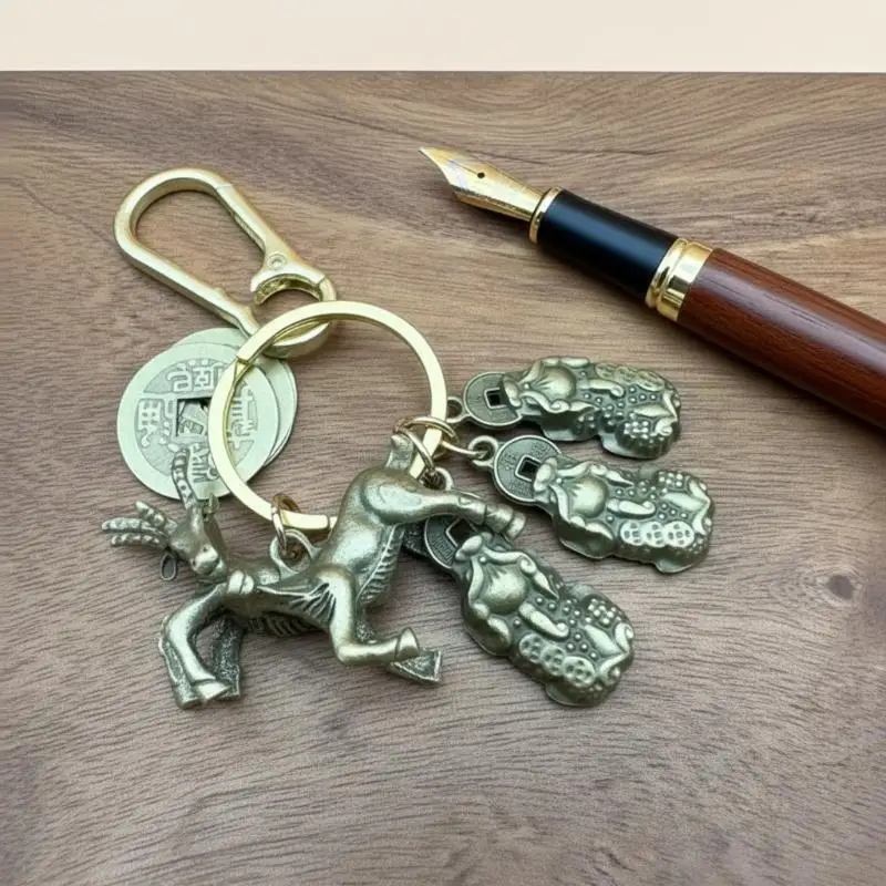 @*Retro Brass Pixiu Goat Keychain Traditional Lucky Chinese Coin Pendant Durable Good Fortune Gift for Graduation