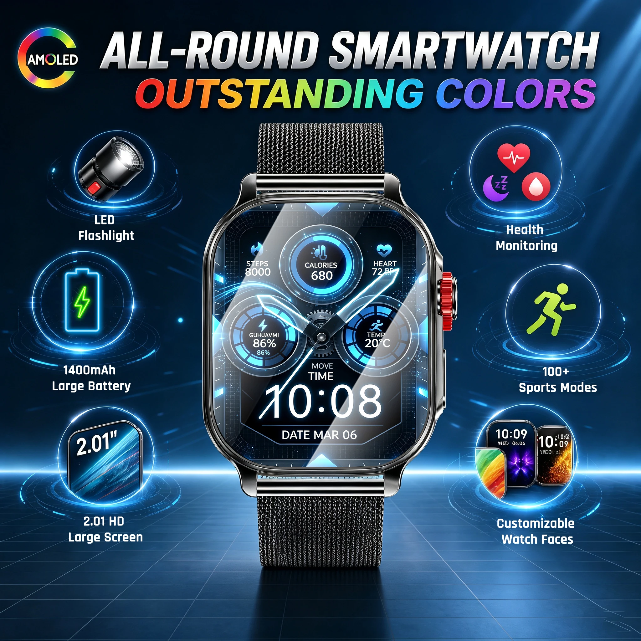 2026 Smart Watch Multi functional Watch 100 Sports Modes LED Flashlight Heart Rate Sleep Health Monitoring 1400m Ahbattery Men‘s