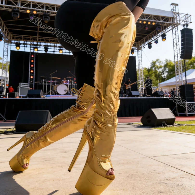 

Gold Peep Toe Performance Sexy Boots Cross Band Platform Fashion British Style Design for Women Dance Boots Zapatos Para Mujere