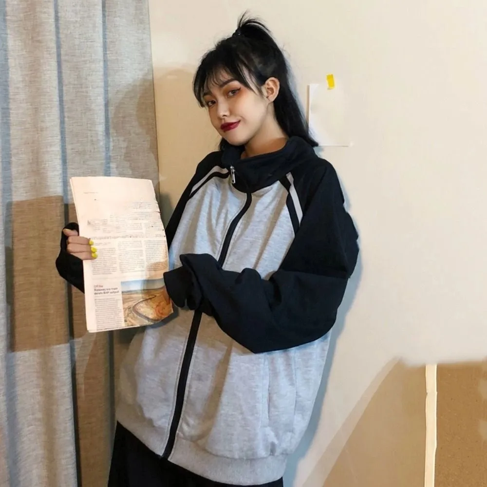 

Свободный бейсбольный трикотаж с воротником с лацканами и длинными рукавами и капюшоном в стиле ретро, корейский топ Ins Y2k, милые толстовки для женщин, весна-осень