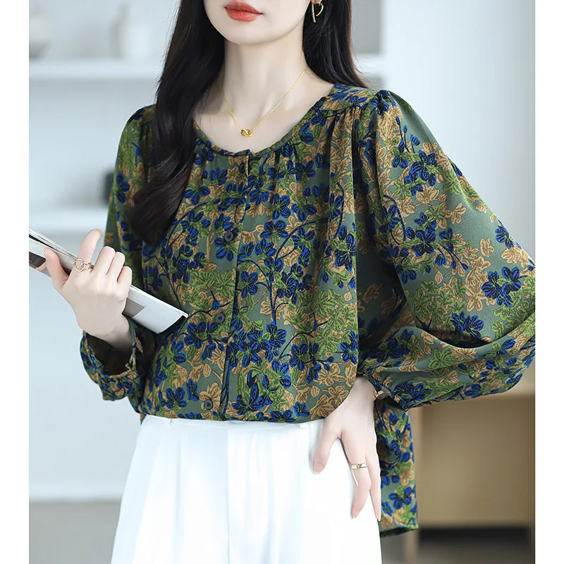 Autumn Vintage O-neck Long Sleeve Chiffon Shirt Women Clothing Casual Loose Oversized Print Blouses Office Lady Elegant Chic Top