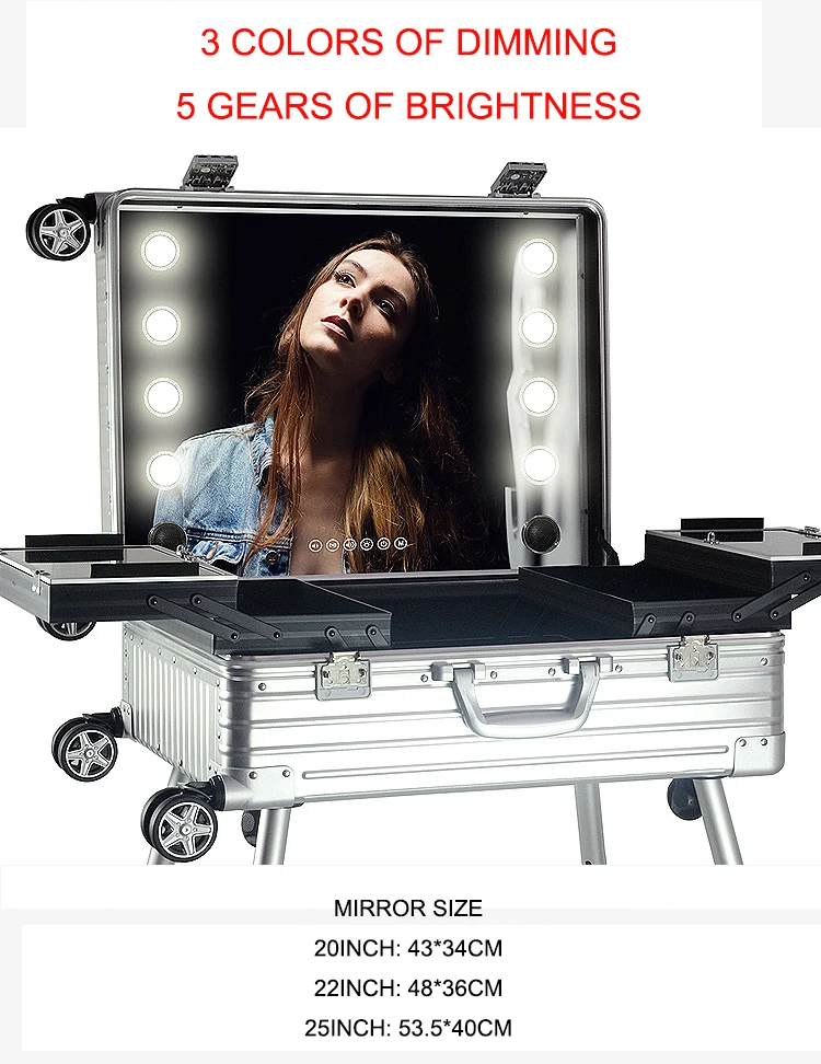 حقيبة مكياج احترافية بعجلات كبيرة بمرآة LED لمستحضرات التجميل، صندوق سفر مكياج من الألومنيوم مع ضوء وMP3