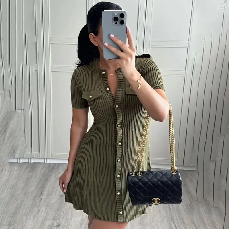 TARUXY Metal Button Knitted Short Sleeve Dress Women's Retro Elegant Mini Sweater Dresses Solid Color Club Party Vestido Female