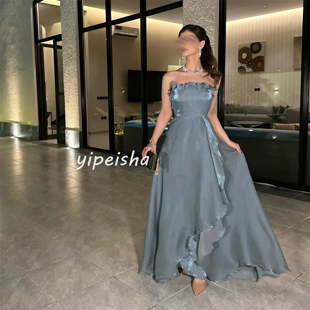 Customized Elegant Modern Style Satin Pleat Ruched A-line Strapless Long Dresses Cocktail Dresses Matching Fashion Casual Classi