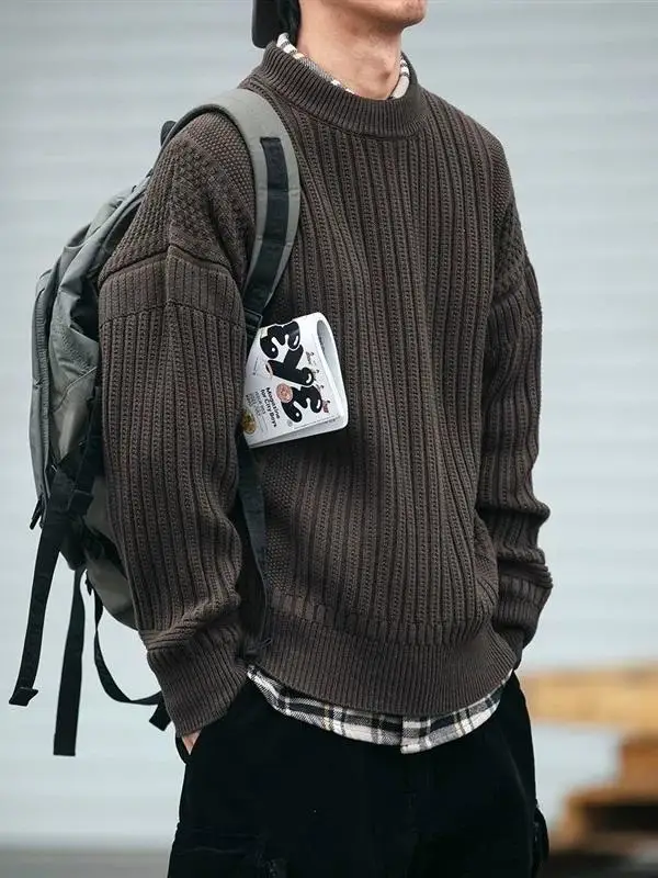 

Мужской свитер в американском ретро-стиле, утепленный, с круглым вырезом, свободного кроя, из толстой пряжи, осенне-зимний, повседневный, с длинными рукавами