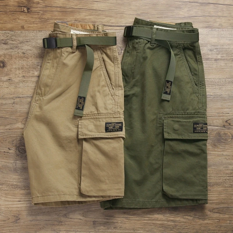 Japanese Style Summer Workwear Shorts Men's Retro Loose Straight Large Pocket Casual Cargo Short Pants Cotton Adjustable Belt