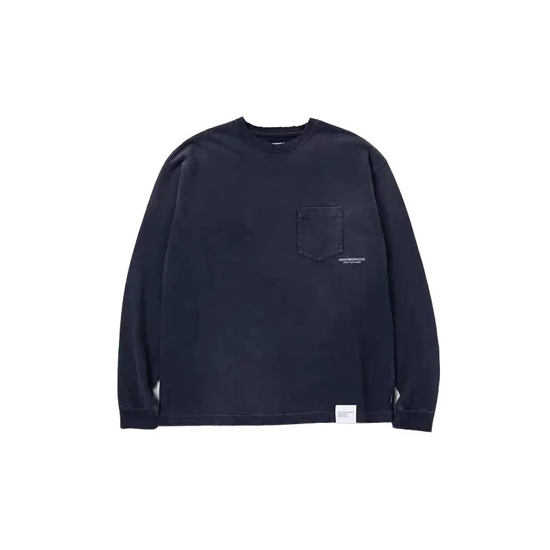 

Japan Style NELGHBDRHOD NBHD 25SS Heavy Laundry Distressed Wax Printing Damaged Pockets Long Sleeved T-shirt
