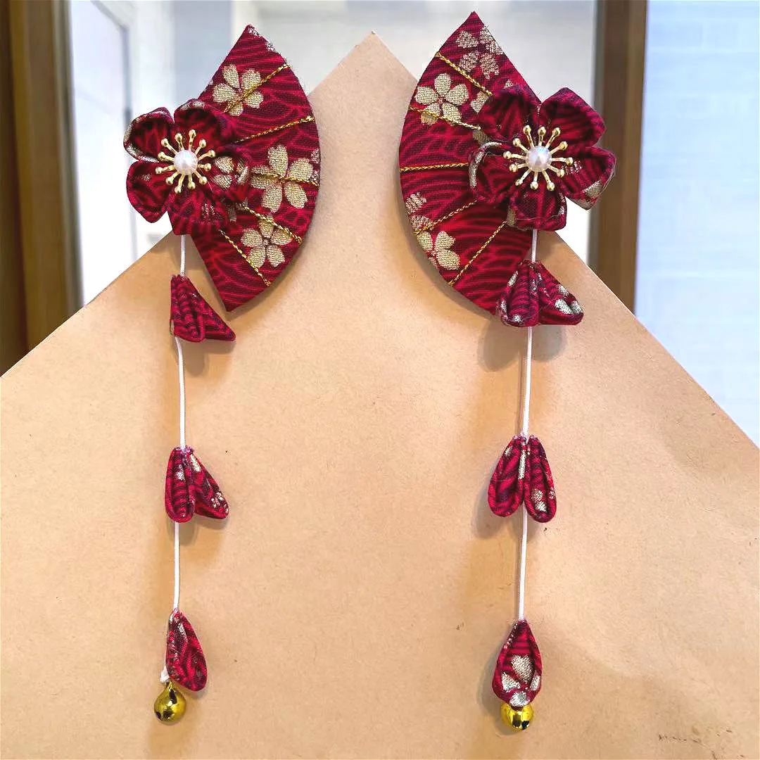 

Japanese style gilded and wind cherry blossom fan-shaped hair clip with tassel and ancient style Hanfu hair accessory and bathro