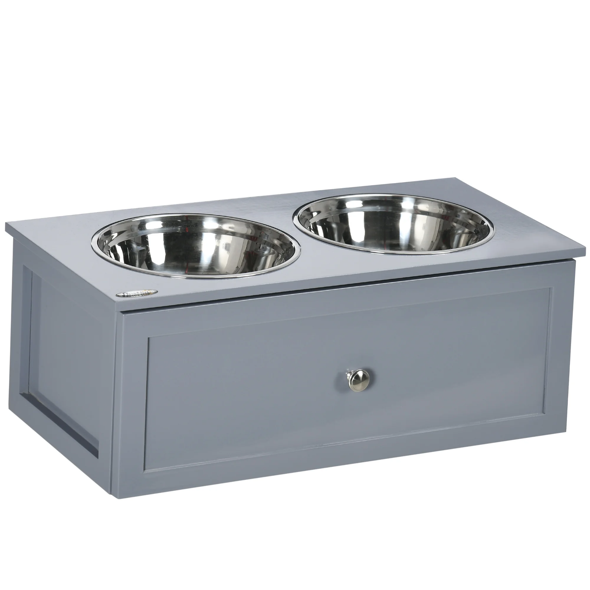 PawHut Raised Feeder for Medium Dogs with 2 Bowls 2000 ml Stainless Steel High Feeder for Dogs with 1 Drawer 63x30x24 cm Grey