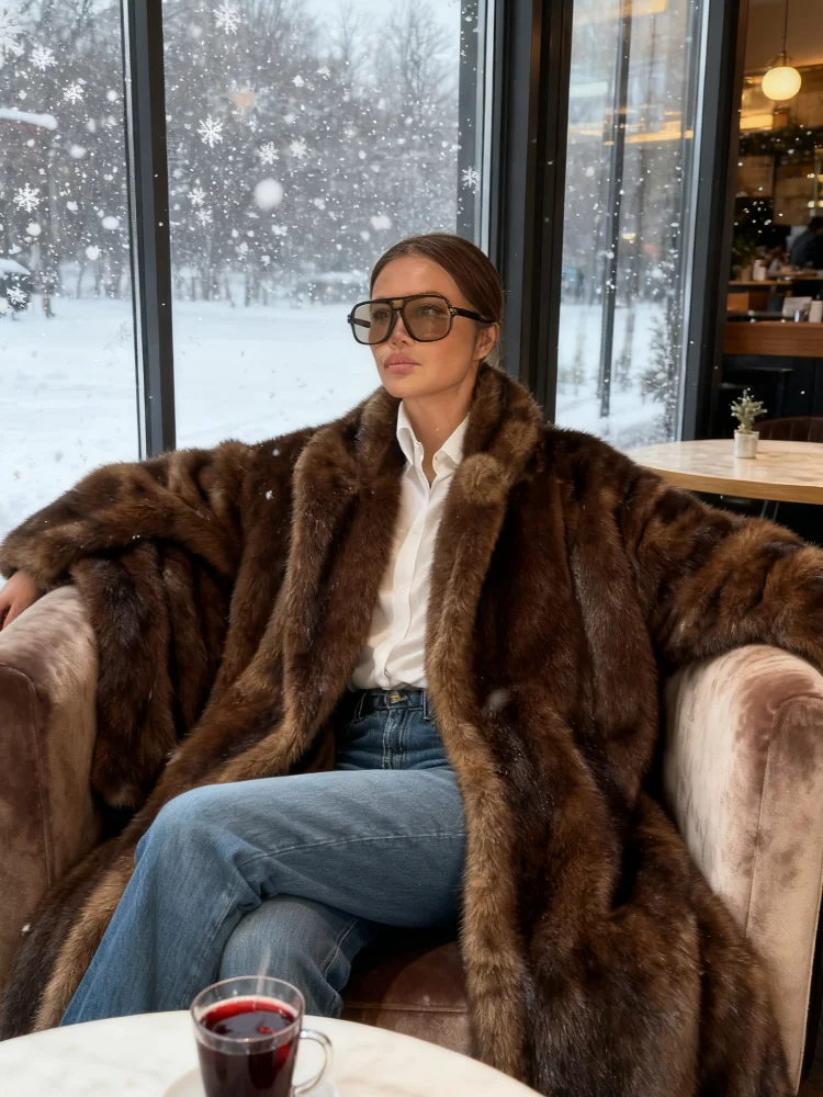 معطف نسائي طويل غير رسمي من الفرو الصناعي فضفاض بلون سادة وأكمام طويلة سترات فروي للسيدات معاطف شتوية دافئة