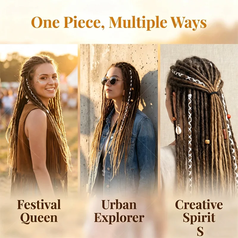 Bohemian Dreadlock Ponytail With Shell Wooden Beads Synthetic Hippie Viking Braided Dreads Hair Extension Festival Hair Accessor