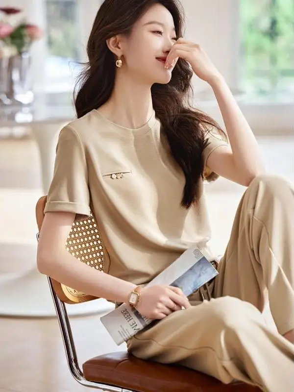 

Casual Commute Fashion Set Women's Korean Version T-shirt Summer New Style Simple Matching Long Pants round Neck Short Sleeve
