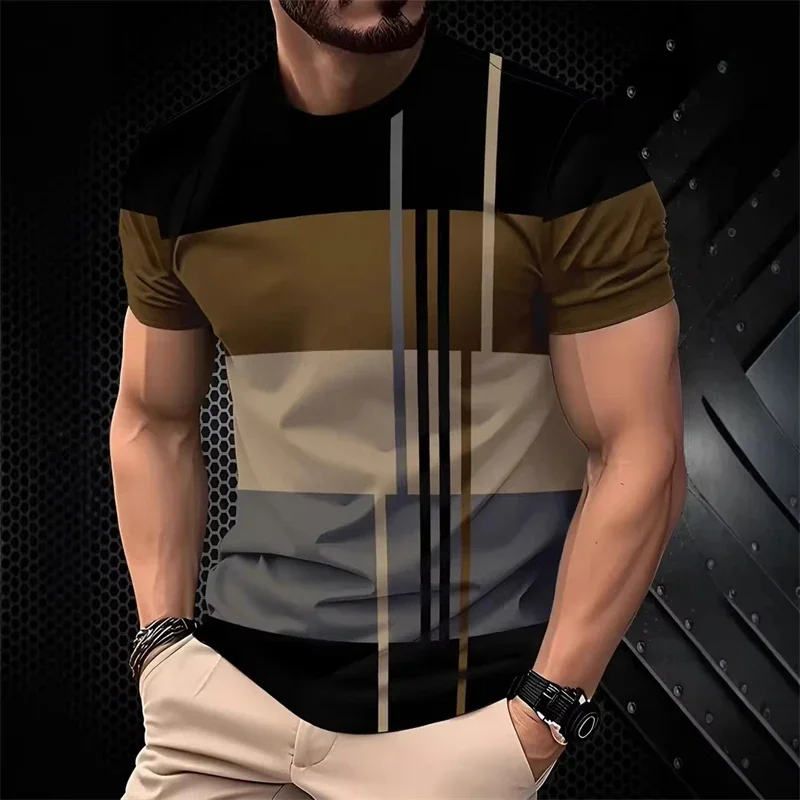 Fashion Simple Wide Stripes T Shirts For Men Summer Casual 3D Printed Contrasting Colors Polyester T-shirts StreetwearTops Tees