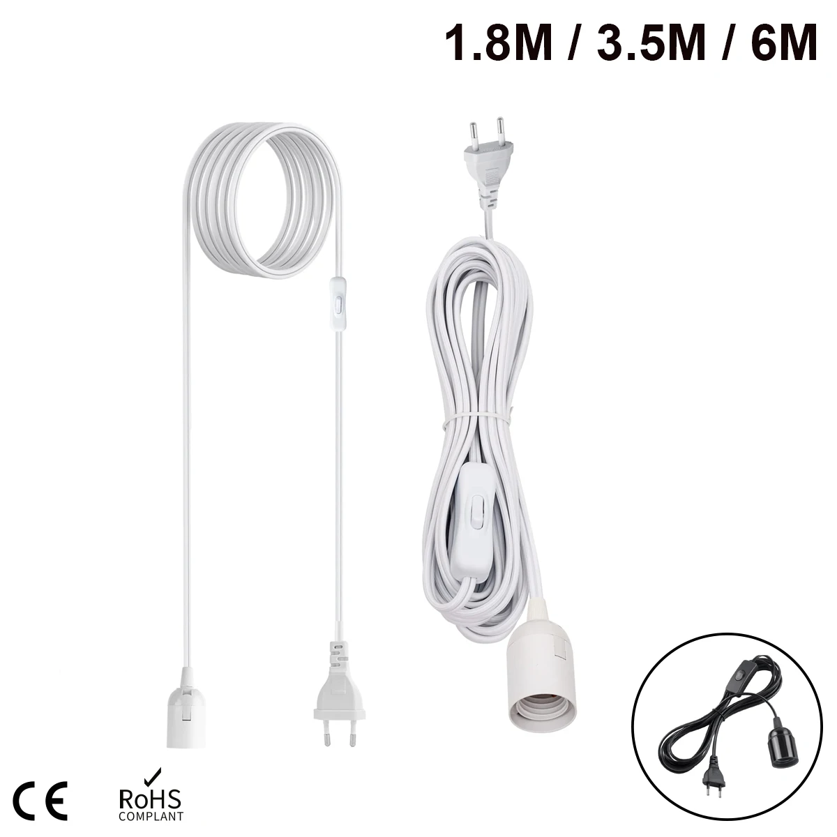 6M EU Plug Power Cord Cables E26 E27 Lamp Base Holder With Switch Wire For Pendant Led Bulbs Fixture Suspension Socket