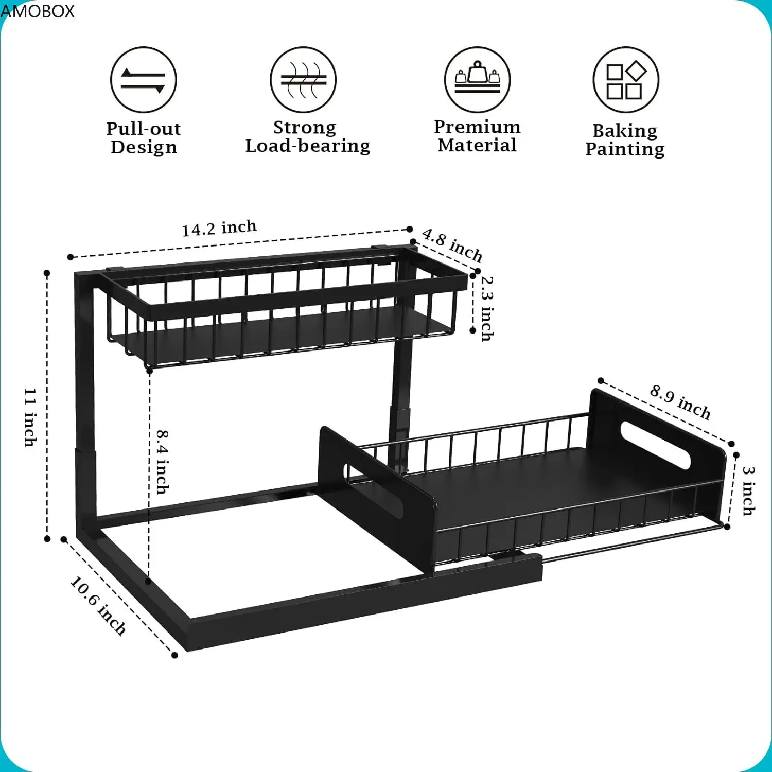 AMOBOX-Lower Trough Rack, Pull Out Cabinet Organizer,Under Sink Storage for Kitchen and Bathroom