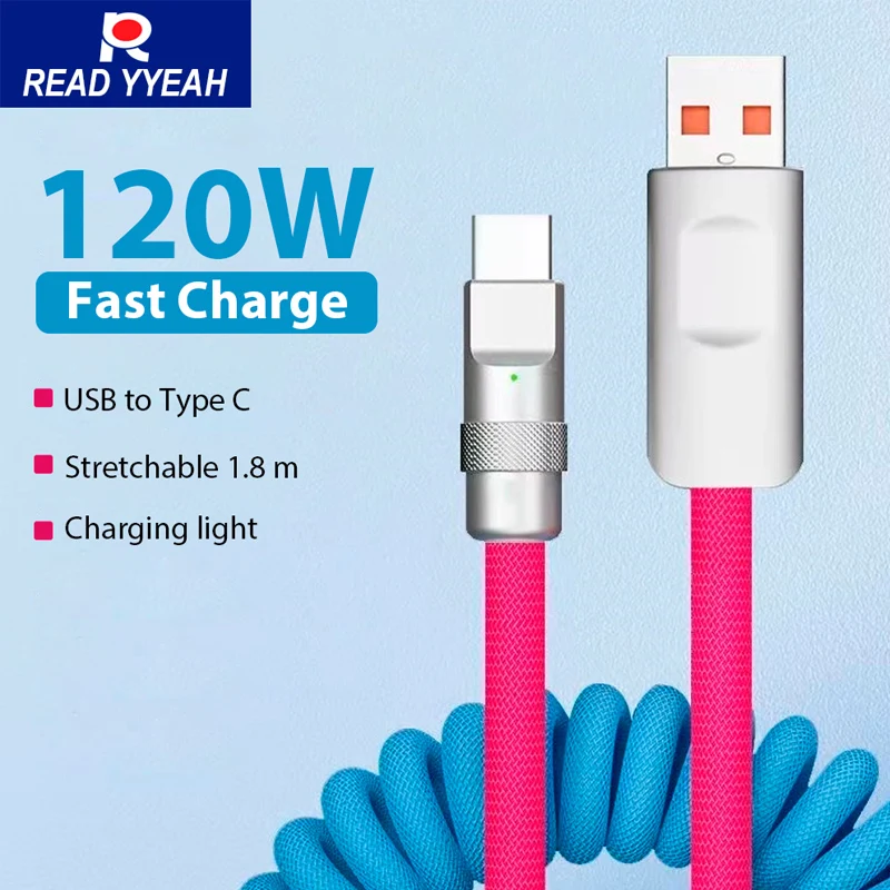 1.8M 120W Fast Charge USB Cable Quick Charge Type-C Charger Spring Cord Line Cable For Xiaomi Huawei Samsung USB to Type C