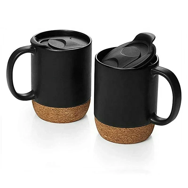 15oz Sublimation Matte Plain White Black Ceramic Coffee Mug with Cork Base Bottom Matte Tea Cup Creative Mugs with Lid Wholesale