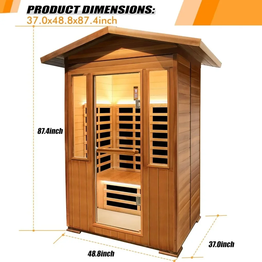 1800W Outdoor Far Infrared Sauna, 2 Person Canadian Hemlock Wooden Sauna Spa, Remote Control via App