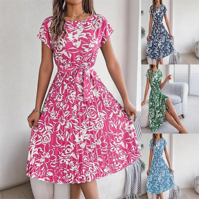 Women's Clothing 2025 Summer New Casual Short-sleeved Floral Strap Dress Pleated Skirt Fashion O Neck Casual Dresses Robe Femme