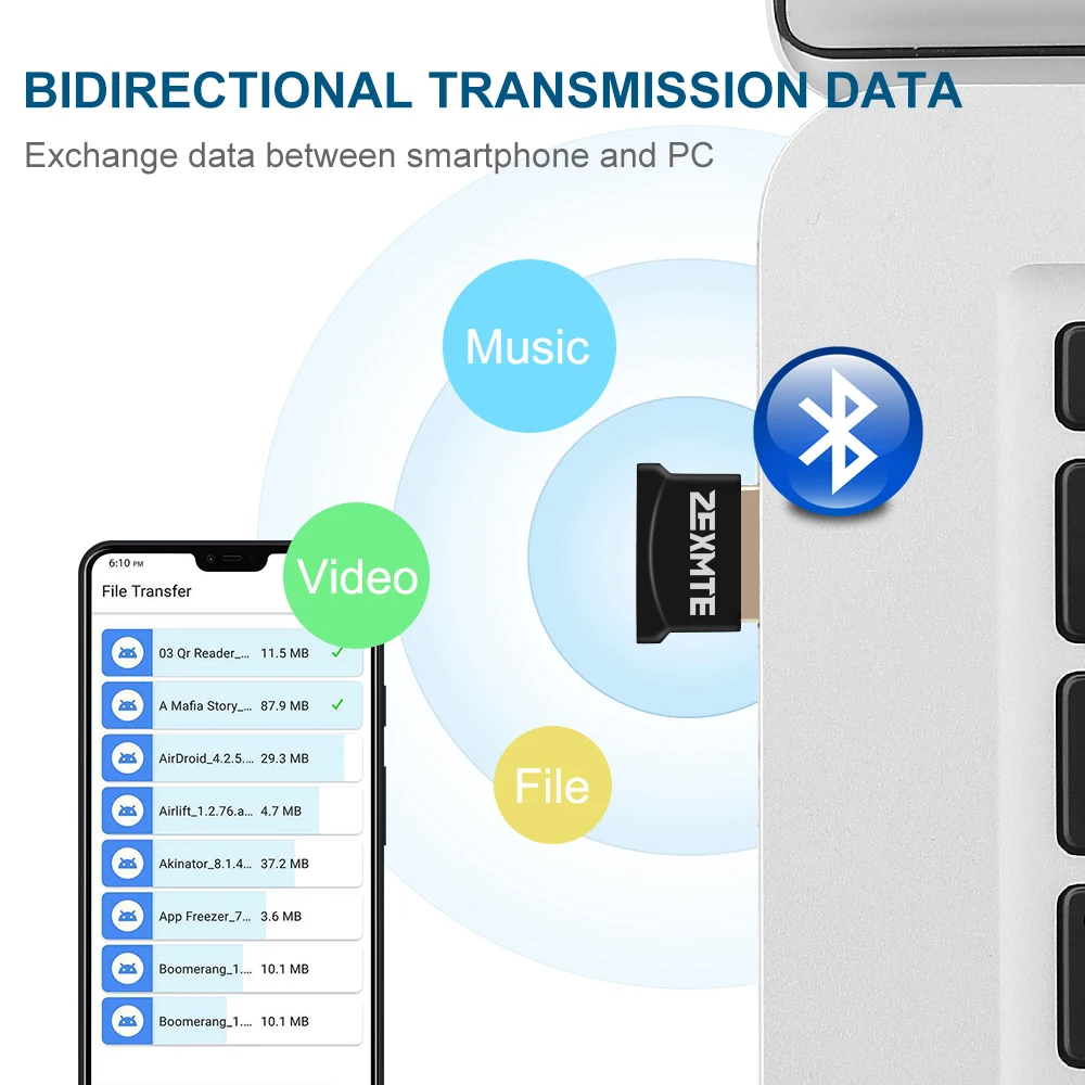 Zexmte USB Bluetooth Adapter for PC Windows 11/10/8/7 Wireless adaptador Bluetooth 5.1 Audio Receiver for Headsets Speaker Mouse