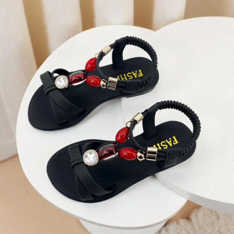 

Retro Kids Boho Sandals Summer Bead Rhinestone Girls Princess Beach Shoes Outdoor Lightweight Children's Open-toe Flat Sandals