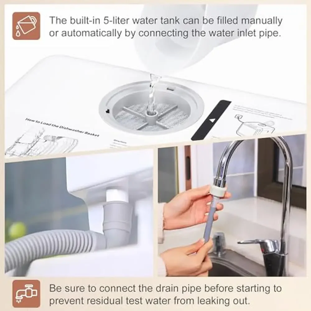5가지 세척 프로그램을 갖춘 휴대용 조리대 식기세척기 이중 스프레이 터치스크린 스위치 열풍 건조 모드 및 2개의 급수 장치