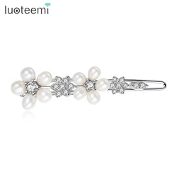 LUOTEEMI Freshwater Pearl CZ Hair Pins and Clips Cubic Zirconia Flower Bridal Hair Jewelry for Wedding Luxury Accessories Gifts