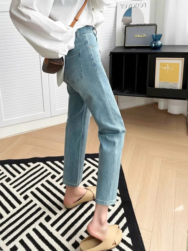 

High Waist Slim Straight Denim Jeans Women's New 2026 Casual Spring Autumn Cotton Stretch Fabric French Bread Smoke Tube Pants