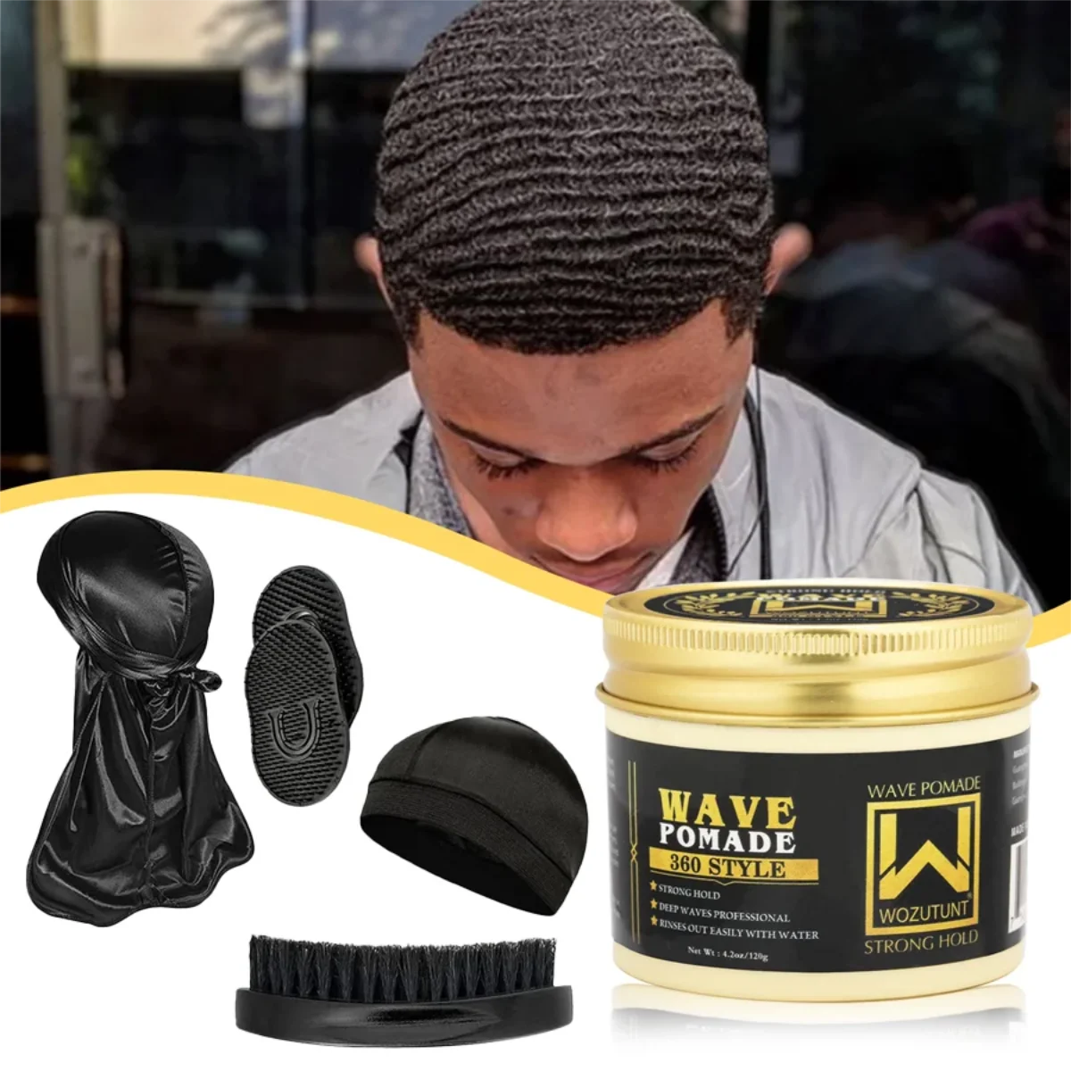 

Men Shea Butter Wave Control Pomade 360 Style Strong Hold Long Lasting Curly Hair Cream or Brush or Silk Rag Cap Tool Accessory