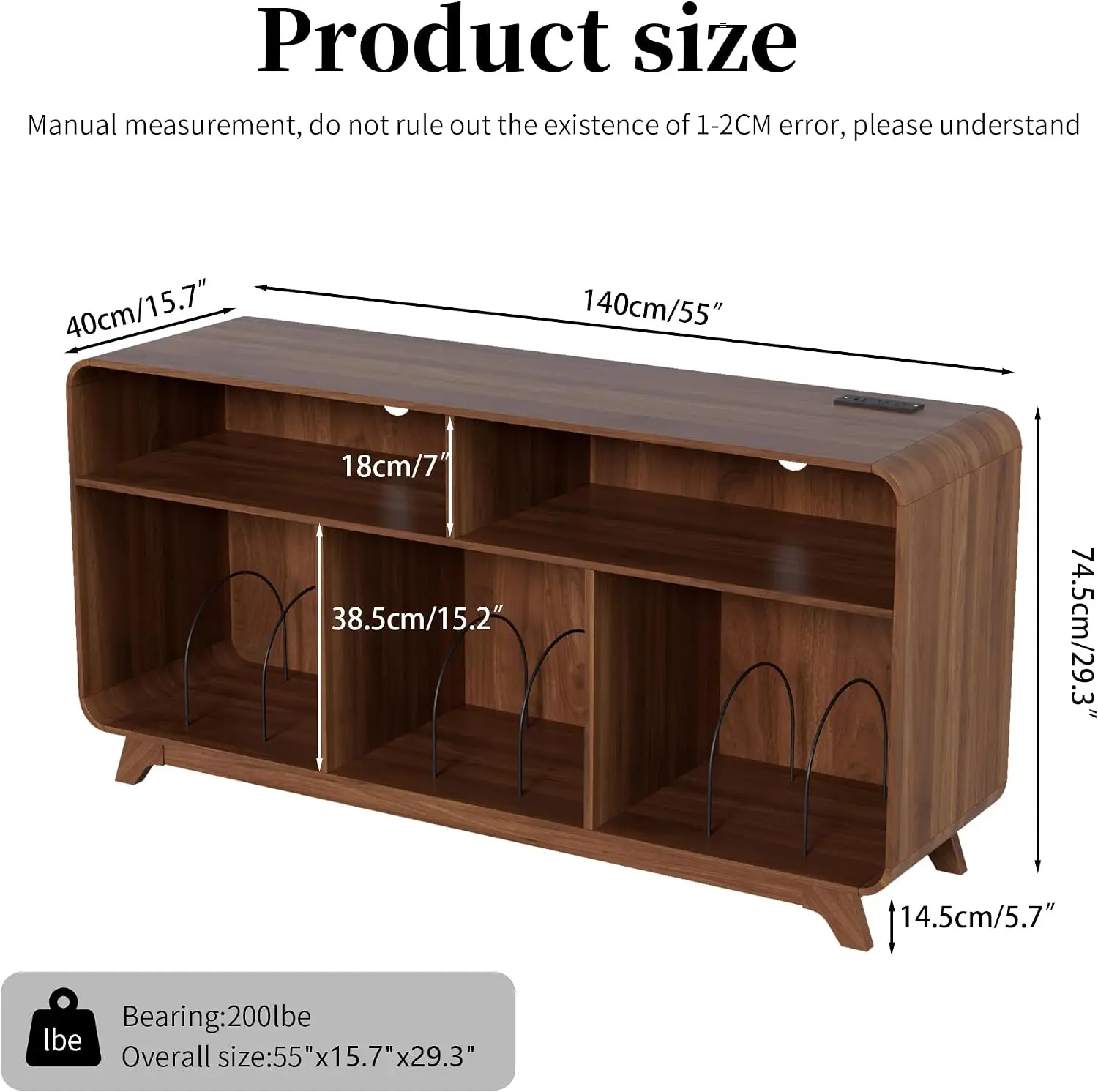 Record Player Stand Vinyl Storage Cabinet Charging Station USB Ports Turntable Stand Table Holds 350 Albums Curved Vinyl Record