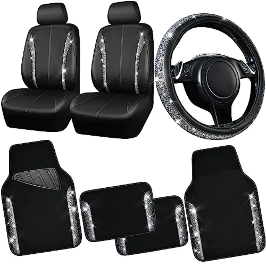 

Black Silver Leather Bling Diamond Car Seat Covers Front Waterproof Rhinestone Car Floor Mats 4pcs Sparkly Steering Wheel Cover