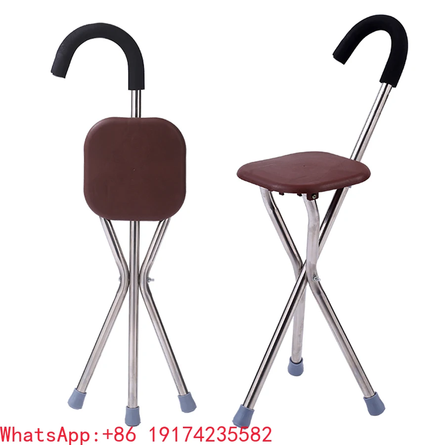 

Telescopic Metal Walking Cane With Comfortable Seat Bright Silver Frame Walking Stick Three-Leg Adjustable Cane