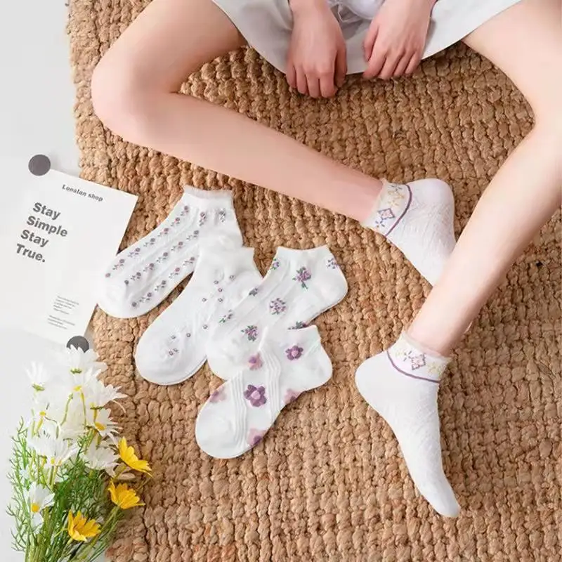 5 Pairs Set Flowers Socks Women Pack Ankle Harajuku Kawaii Cute Cotton Skarpetkie Damski Bohemia Style Floral Invisible Socks