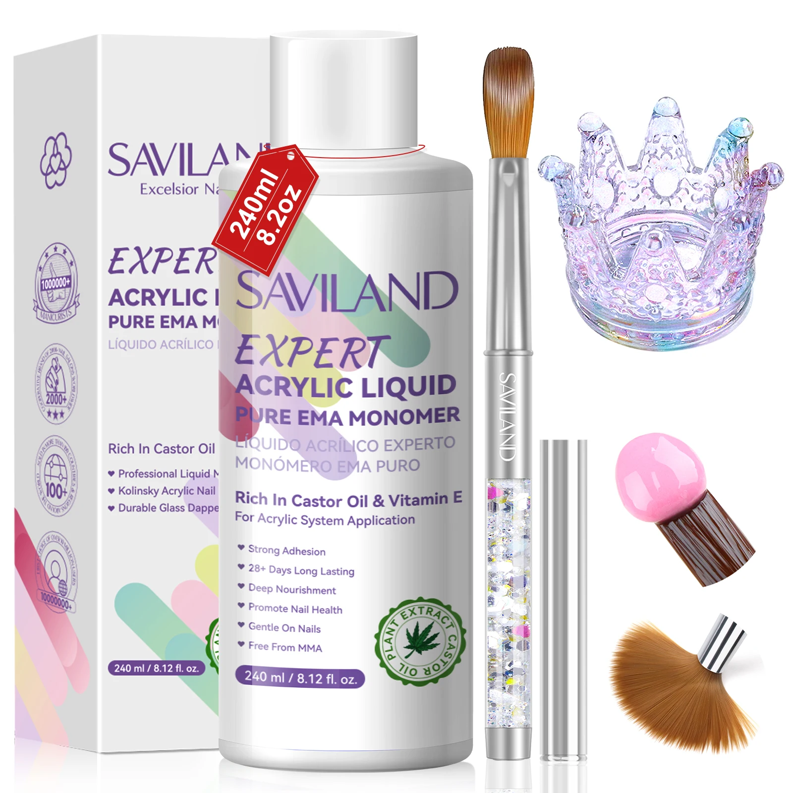 

SAVILAND EMA Monomer Acrylic Nail Liquid 8oz Acrylic Liquid Monomer with #14 Nail Brush for Acrylic Powder Nail Art Extension