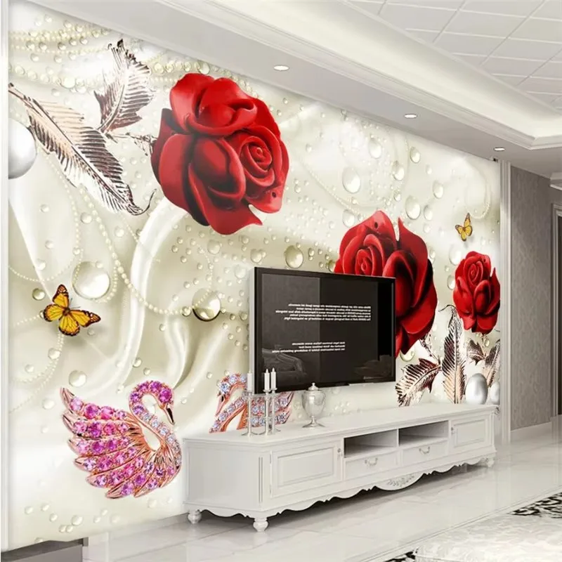 Customized wallpaper 3D abstract creative red rose swan luxury living room TV background wall decoration painting mural