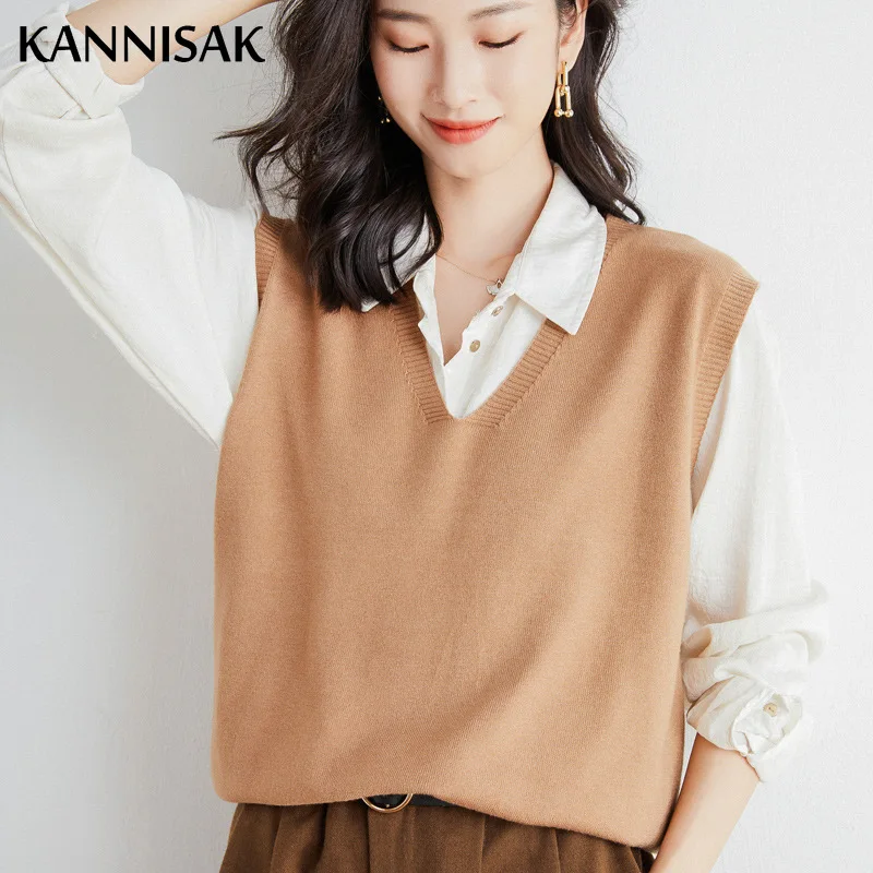 

Women Sweater Vest Autumn Winter Sleeveless V-neck Cashmere Sweater Pull Femme Loose Knitwear Tops Casual Female Vests Jumpers